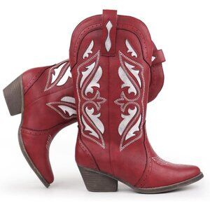 🆕Women's Red Embroidered Pointed Toe Chunky Block Heel Cowgirl Western Booties